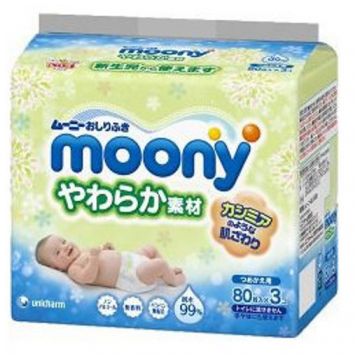 Влажные мягкие салфетки для детей Moony запасной блок 80х3 шт