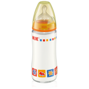 Бутылочка Nuk First Choice стеклянная, 240 мл разноцветная + соска с вентиляцией из силикона, р1. для молока с рождения