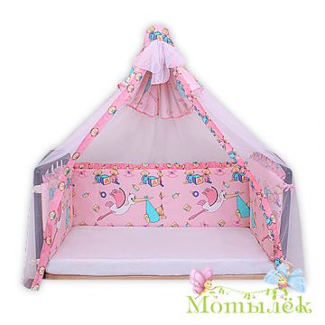 Бампер в кроватку-балдахин вуаль ToyMart высокий, розовый К-Б2