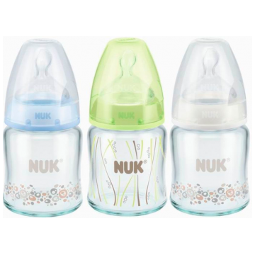 Бутылочка для кормления Nuk First Choice Plus стекло, 120 мл с силиконовой соской р-р 1, со средним отверстием для пищи М