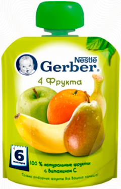Детское пюре Gerber 4 фрукта с 6 мес. 90 г