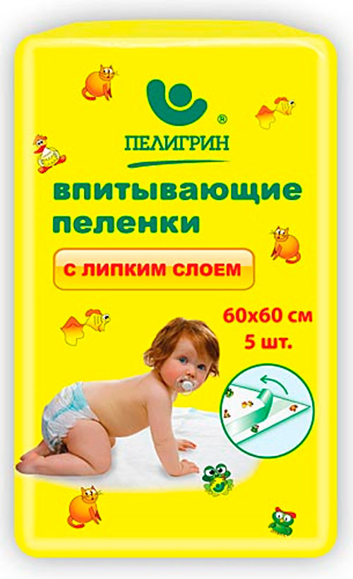 Пеленки впитывающие детские Пелигрин с липким фиксирующим слоем 60х60 5 шт