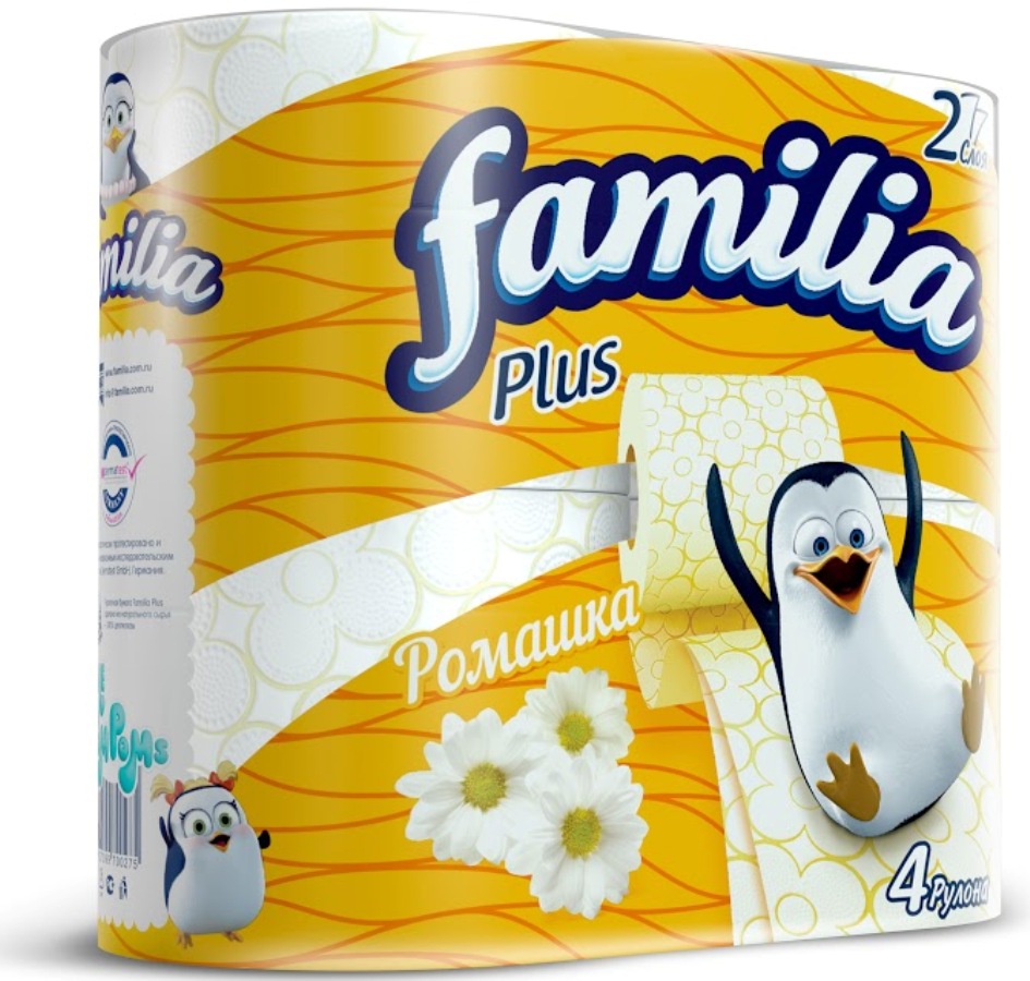 Туалетная бумага Familia Plus белая с ароматом ромашки и рисунком 4 шт.