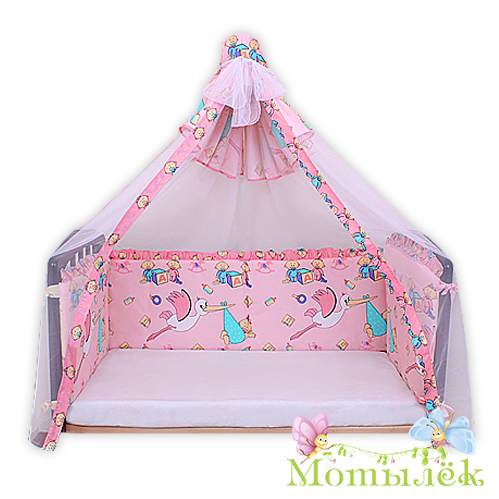 Бампер в кроватку-балдахин вуаль ToyMart высокий, розовый К-Б2