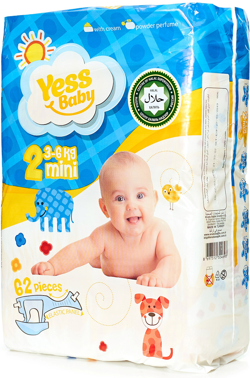 Подгузники YessBaby размер S (3-6 кг) 62 шт