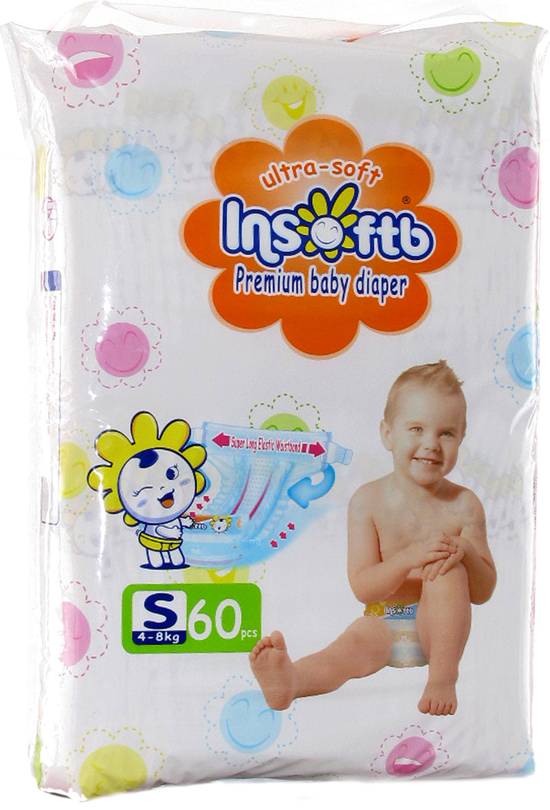 Подгузники Insoftb Premium Ultra-soft размер S (4-8 кг) 60 шт