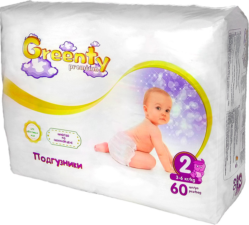 Подгузники Greenty Premium размер 2 (3-6 кг) 60 шт