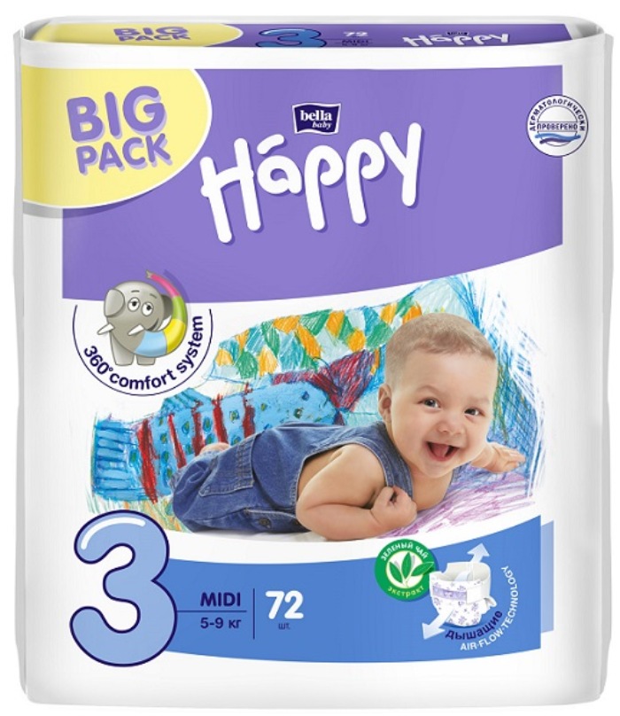 Подгузники Bella Baby Happy, размер Midi (5-9 кг) 72 шт