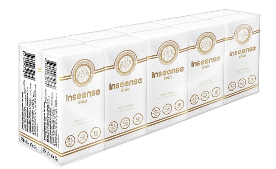 Платочки бумажные Inseense без аромата, 3 слоя, 10 шт