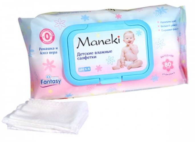 Влажные салфетки Maneki, серия Fantasy, детские с экстрактом ромашки и алоэ вера, 80 шт