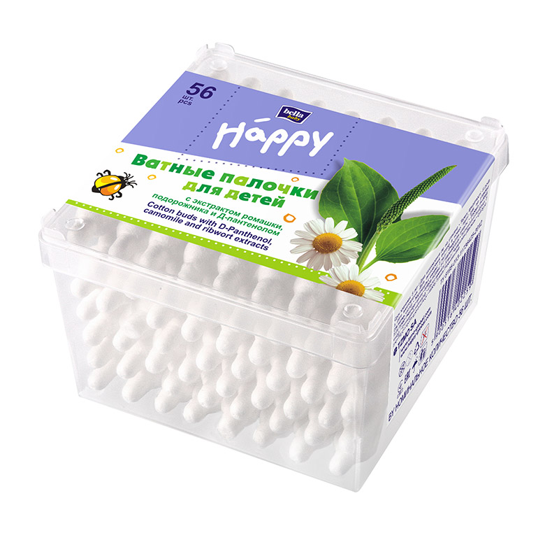 Ватные палочки для детей Bella Baby Happy, ромашка, подорожник, Д-пантенол, 56 шт