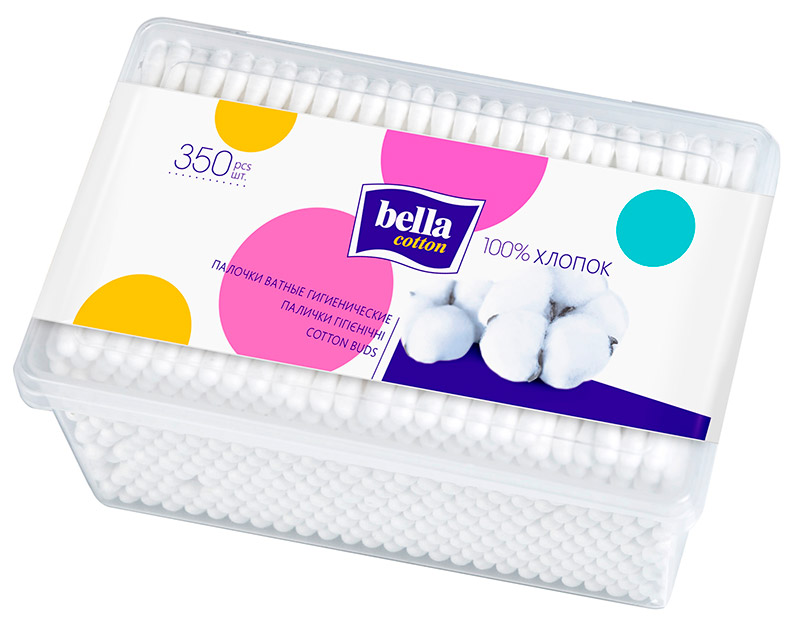 Ватные палочки Bella Cotton 350 шт, в квадратной пластиковой коробочке