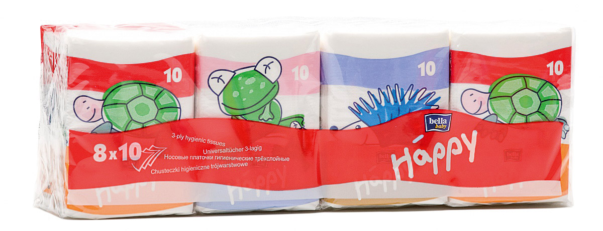 Платочки бумажные носовые трехслойные Bella Baby Happy мини Звери, 10х8 шт