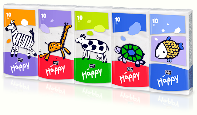 Платочки бумажные носовые трехслойные Bella Baby Happy Звери, 10х10 шт