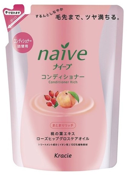 Бальзам-ополаскиватель для сухих волос восстанавливающий Kracie Naive с экстрактом персика и маслом шиповника, сменная упаковка, 400 мл